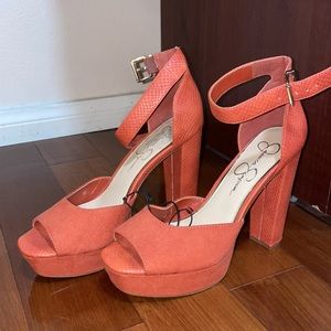 Jessica Simpson Chunkie Heel Snake Skin Burnt Orange Size 8 1/2 platform